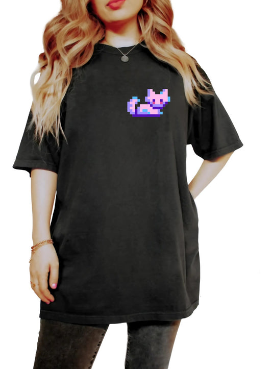 Playera Negra Mujer– Gato Pixel Art Estilo Arcade | Minimalismo Urbano