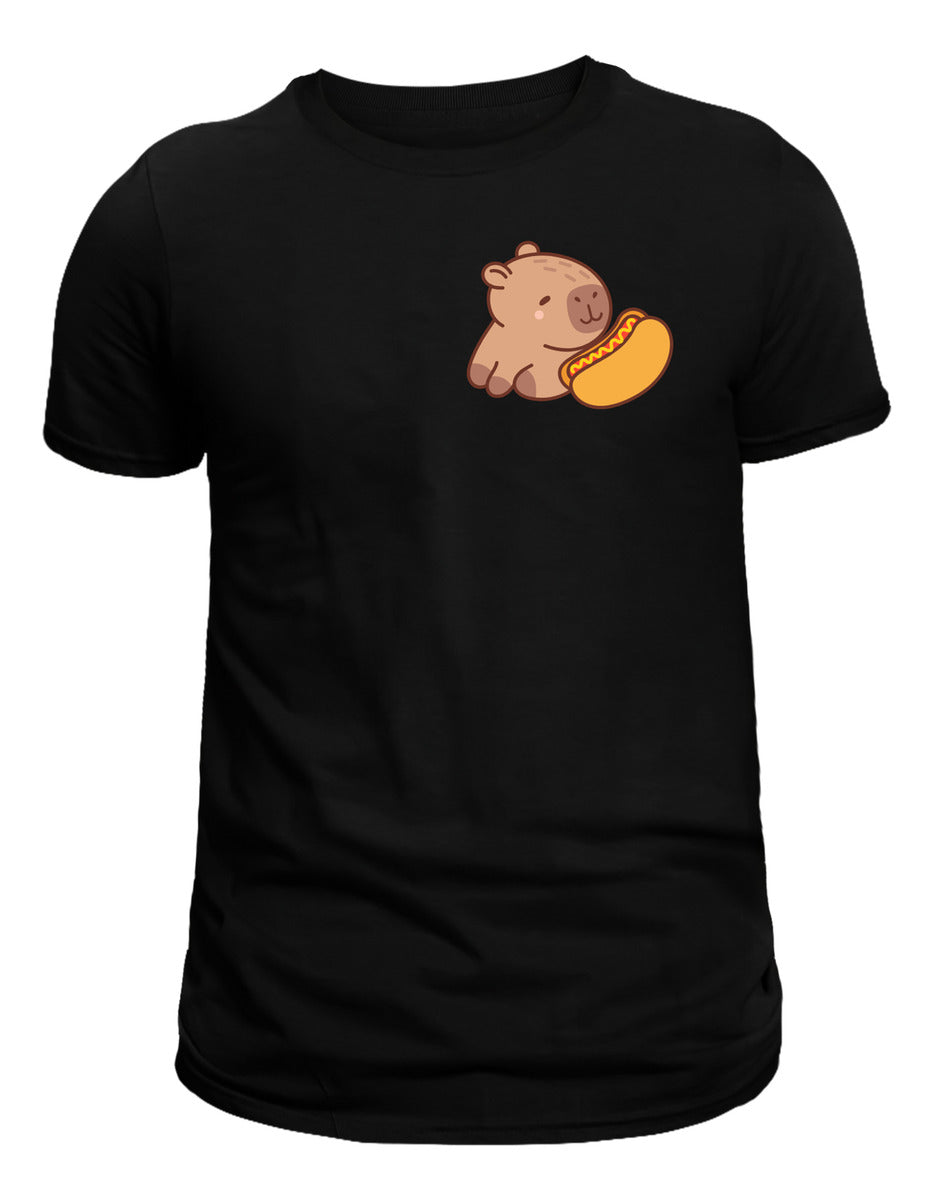 Playera Negra Hombre – Capibara con Hot Dog Divertido | Minimalismo Urbano