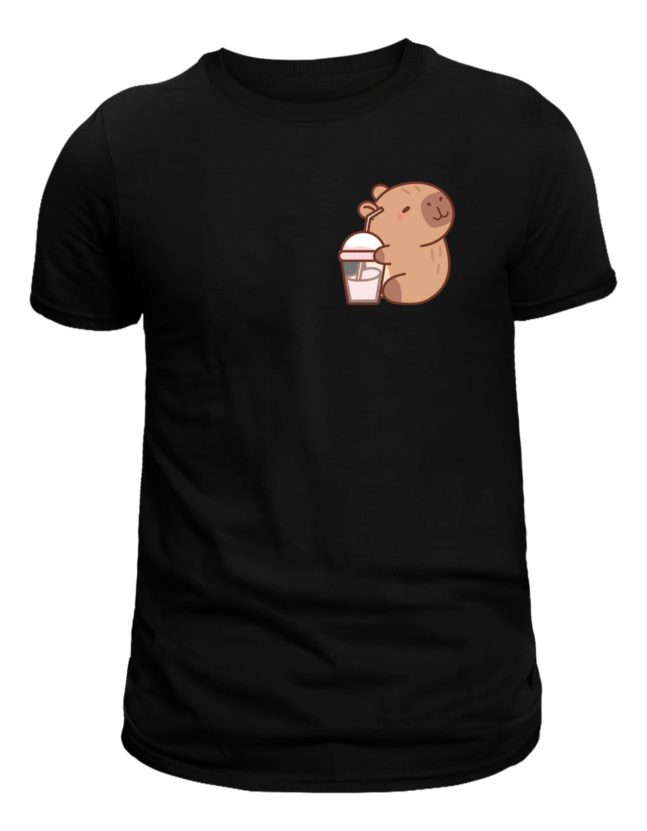 Playera Negra Mujer – Capibara con Malteada Tierno | Minimalismo Urbano