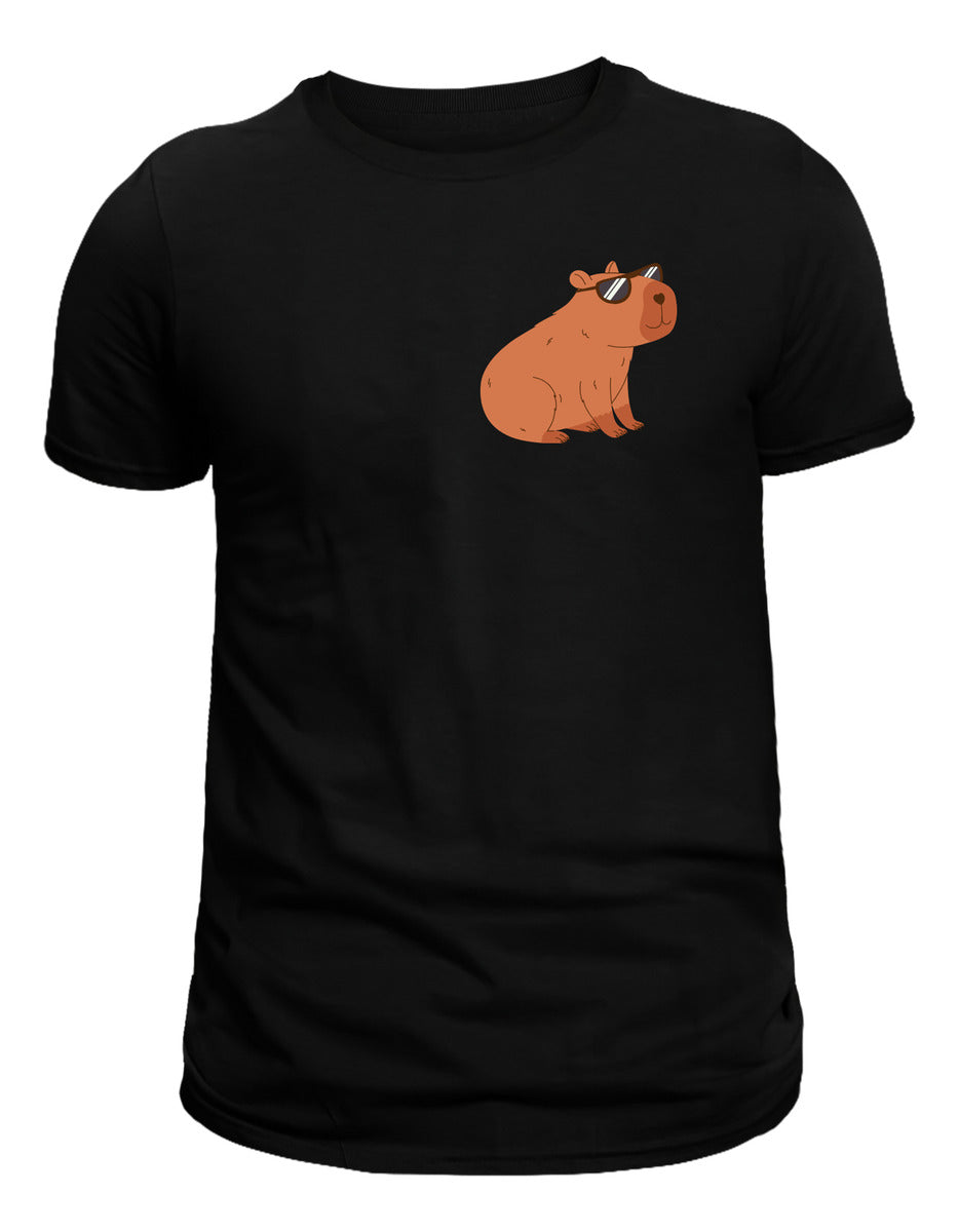 Playera Negra Hombre – Capibara con Lentes Cool | Minimalismo Urbano