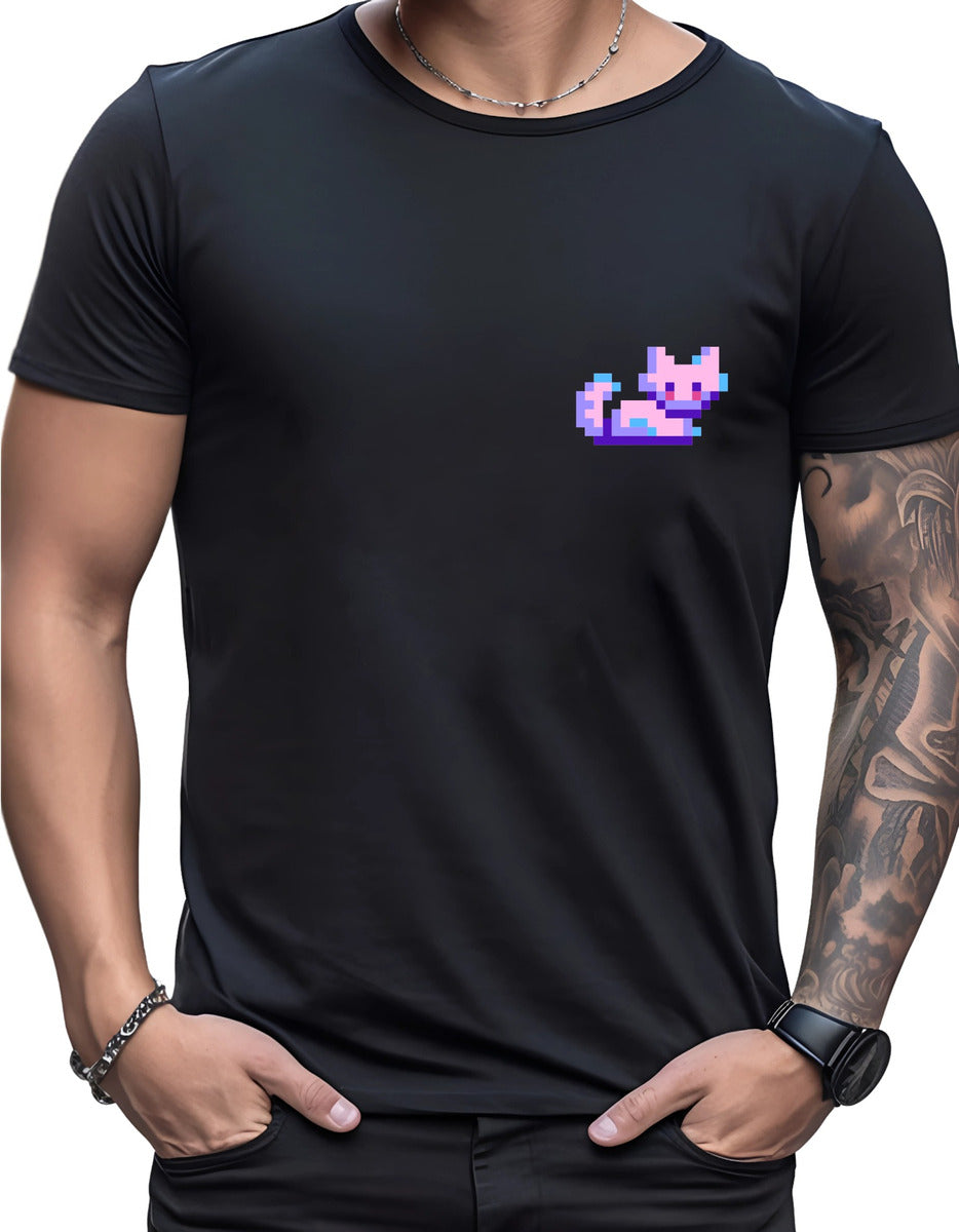 Playera Negra Hombre – Gato Pixel Art Estilo Arcade | Minimalismo Urbano