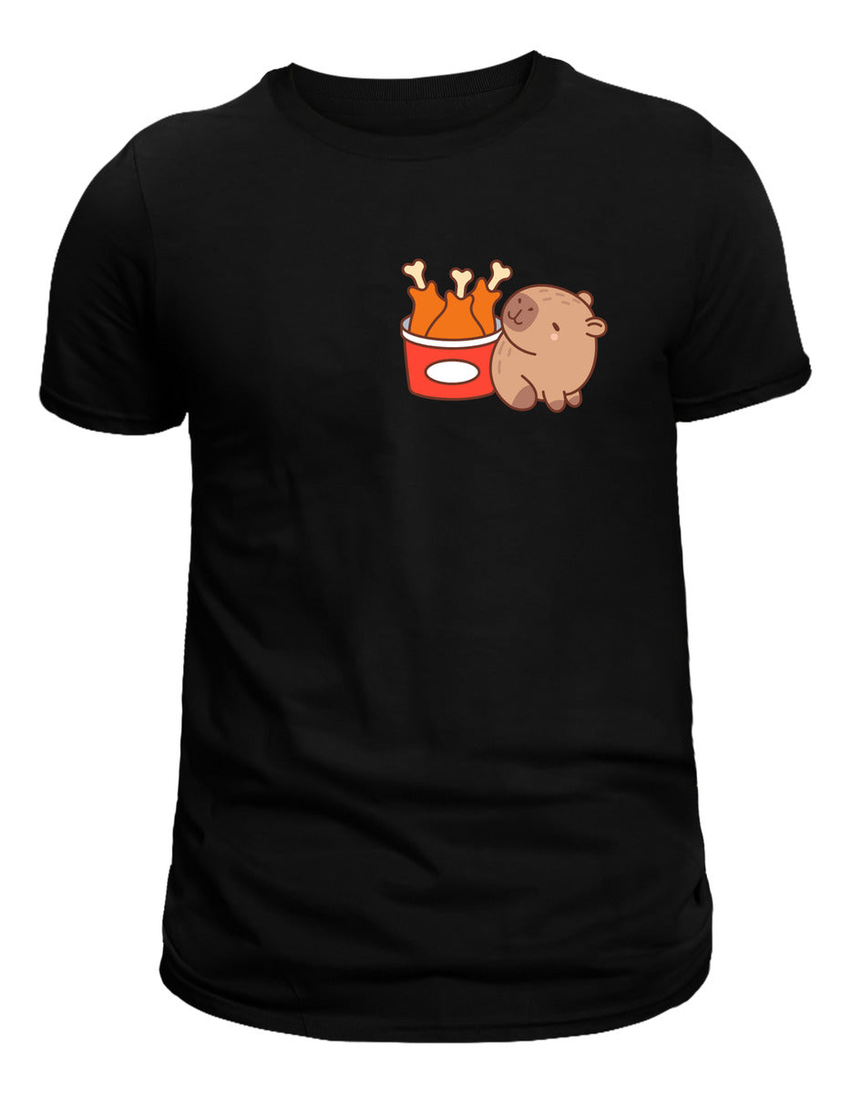 Playera Negra Mujer – Capibara con Pollo Frito | Minimalismo Urbano