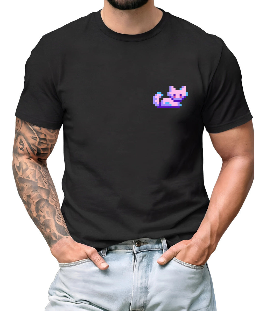 Playera Negra Hombre – Gato Pixel Art Estilo Arcade | Minimalismo Urbano