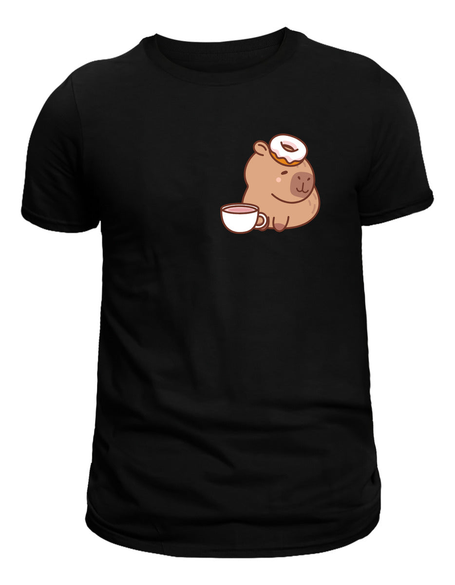 Playera Negra Hombre – Capibara con Dona y Café | Minimalismo Urbano