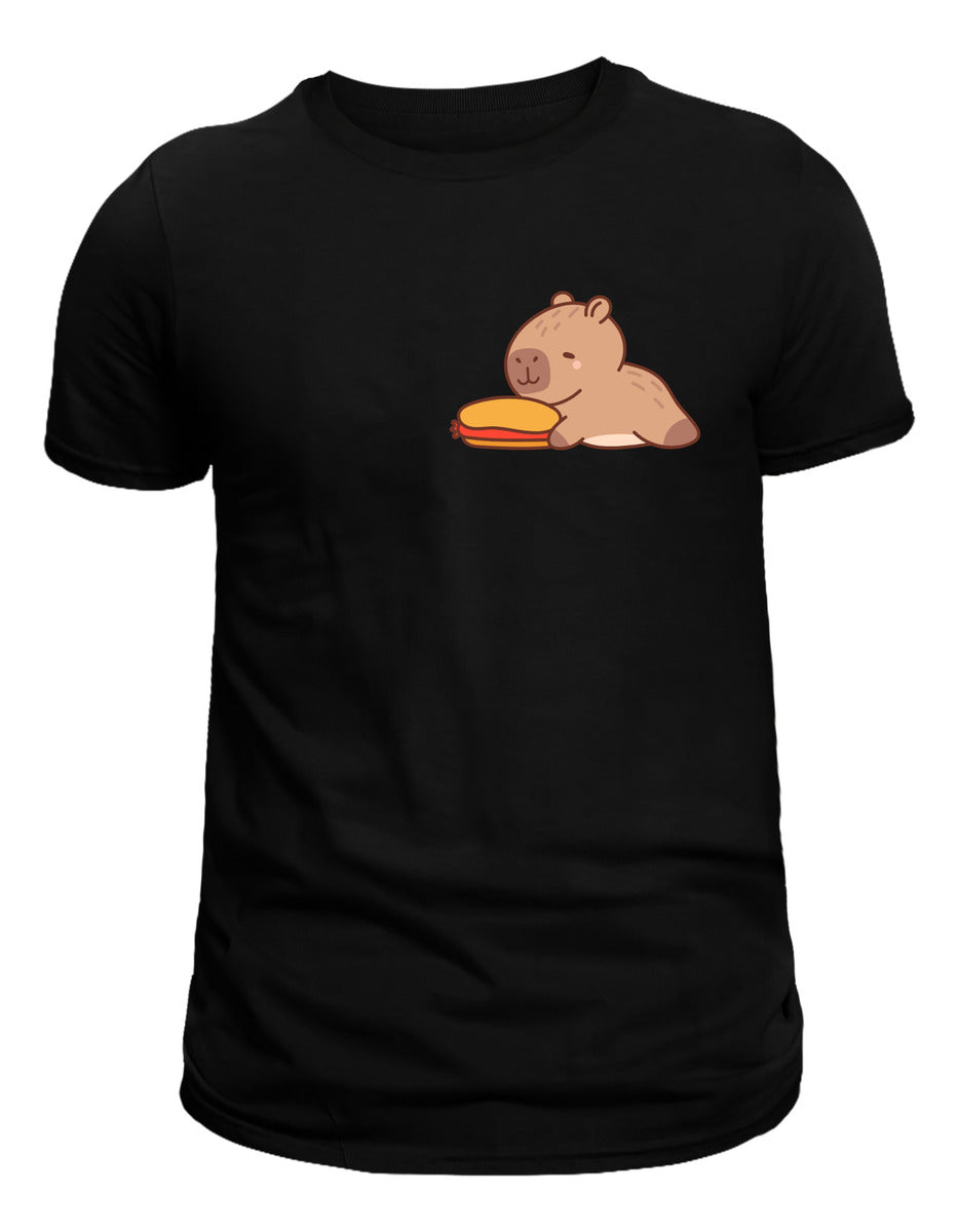 Playera Negra Mujer – Capibara con Salchicha Hot Dog Divertido | Minimalismo Urbano