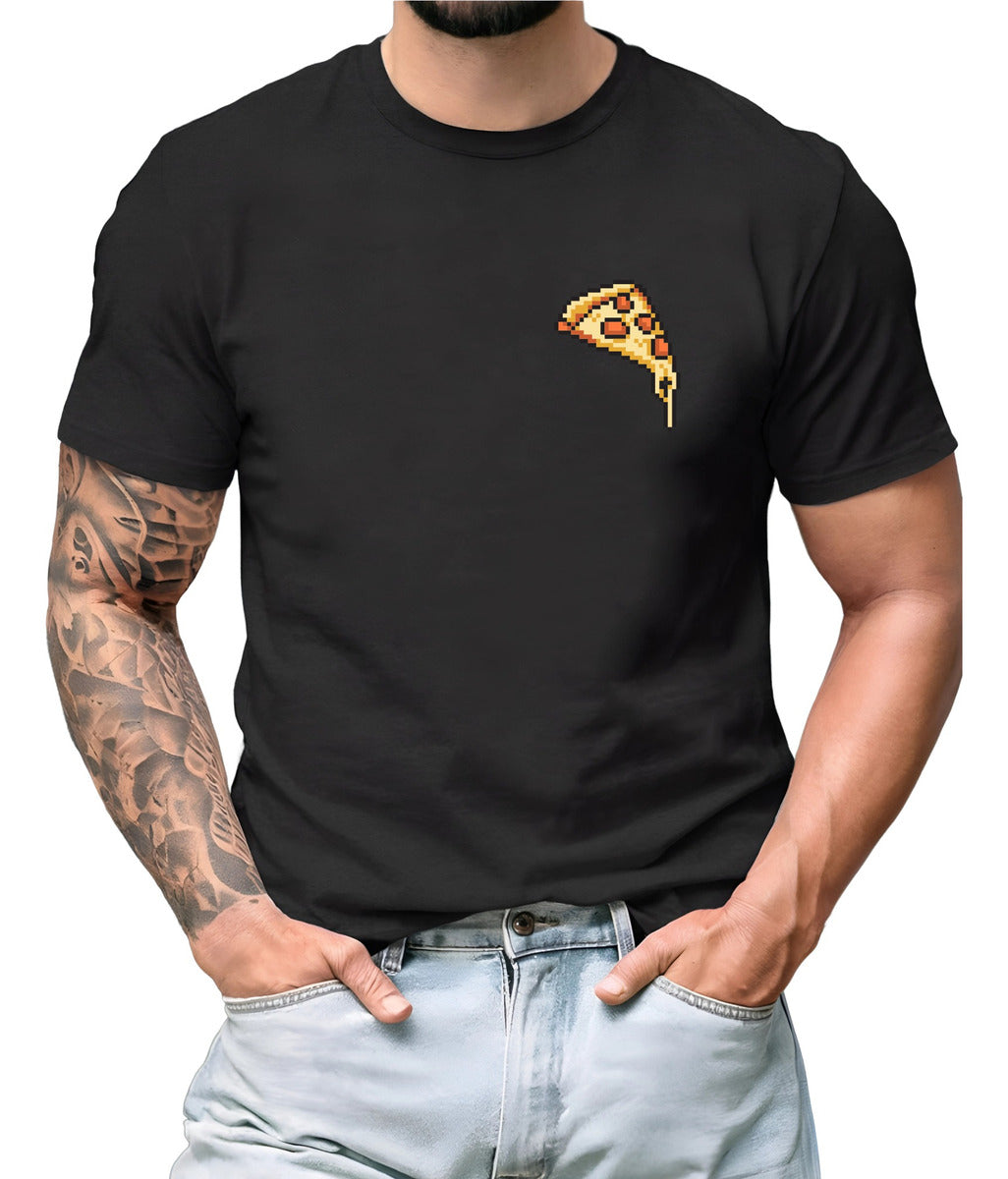 Playera Negra Hombre – Diseño Pixel Art Pizza Retro | Minimalismo Urbano