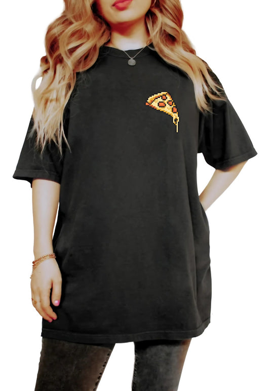 Playera Negra Mujer – Diseño Pixel Art Pizza Retro | Minimalismo Urbano